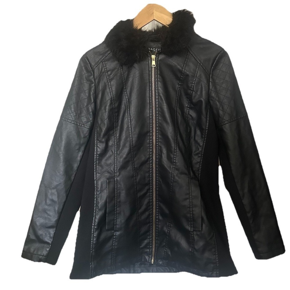 Baccini Women's Small Black Faux Leather & Fur Full Zip Bomber Biker Jacket